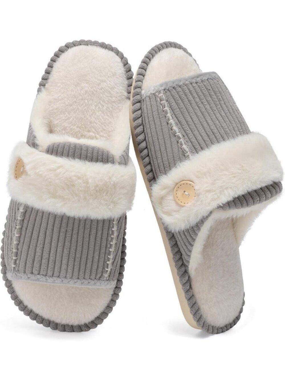 Women's Grey Fuzzy Open Toe Slippers Memory Foam Faux Fur House Non-slip Shoes